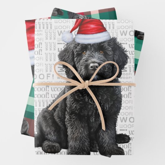 Labradoodle Kersthond Rood en Groen Plakken Inpakpapier Vel (In situ)