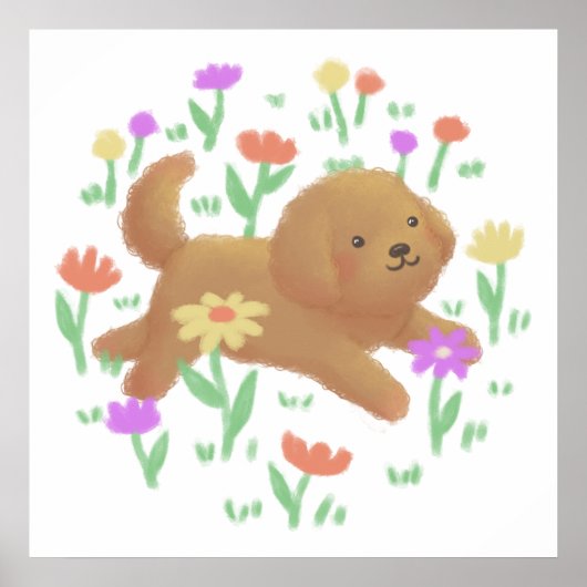 Labradoodle met bloemen illustratie poster (Voorkant)