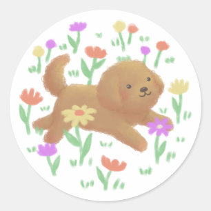 Labradoodle met bloemen illustratie ronde sticker