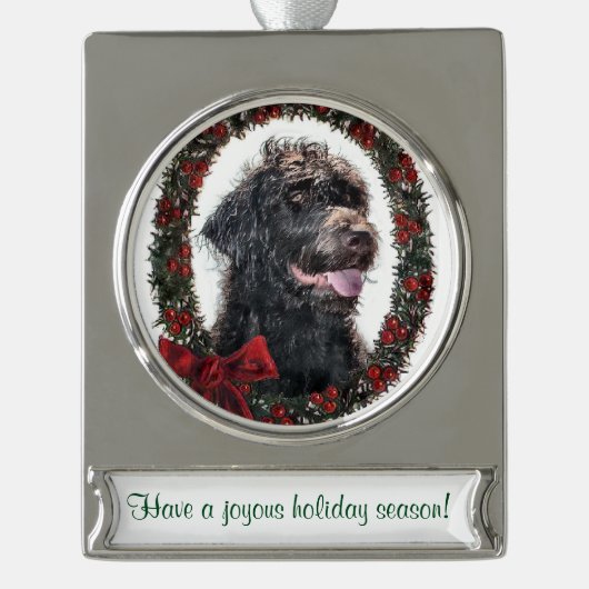 Labradoodle Persoonlijke Kerstmis Verzilverd Banner Ornament (Voorkant)