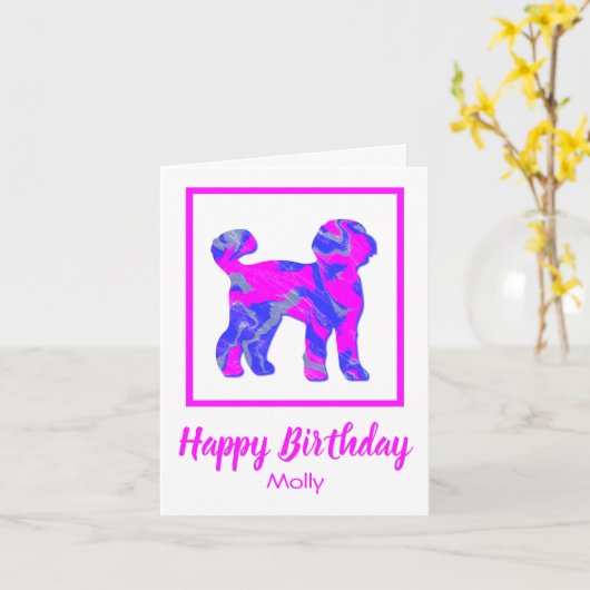 Labradoodle Pink Silhouette Dog Funny Birthday Kaart (Gele Bloem)