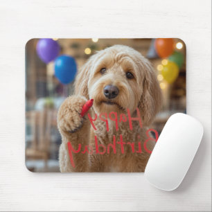 Labradoodle schrijft Gelukkig Verjaardag op Glas Muismat