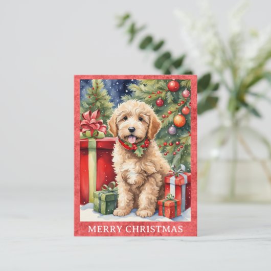 Labradoodle Vrolijk Kerstfeest Schattigee Puppy Do Briefkaart (Staand voorkant)
