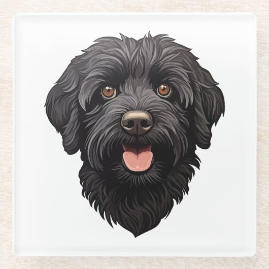 Labradoodle Zwarte Hond Glazen Onderzetter (Voorkant)
