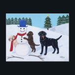 Labrador Christmas with Snowman Feestdagenkaart<br><div class="desc">Whimsical Labrador Retriever painting painted by Naomi Ochiai from Japan. Nice for dog lovers who love Labrador Retriever dogs. Yellow Labrador and Chocolate Labrador and Black Labrador are all painted in the picture. Three Labrador dogs are playing with their snowman in the white snow field. Typical Christmas Holiday season scene....</div>