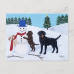 Labrador Christmas with Snowman Feestdagenkaart<br><div class="desc">Whimsical Labrador Retriever painting painted by Naomi Ochiai from Japan. Nice for dog lovers who love Labrador Retriever dogs. Yellow Labrador and Chocolate Labrador and Black Labrador are all painted in the picture. Three Labrador dogs are playing with their snowman in the white snow field. Typical Christmas Holiday season scene....</div>