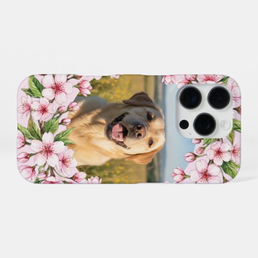 Labrador custom photo with cherry blossom wreath iPhone hoesje (Achterkant horizontaal)