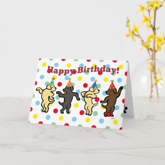 Labrador danst verjaardagsfeestje kaart (Gele Bloem)