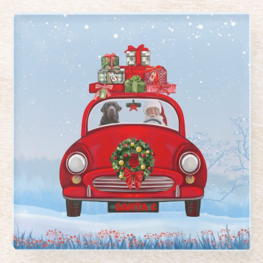 Labrador Dog in auto met kerstman Glazen Onderzetter (Voorkant)