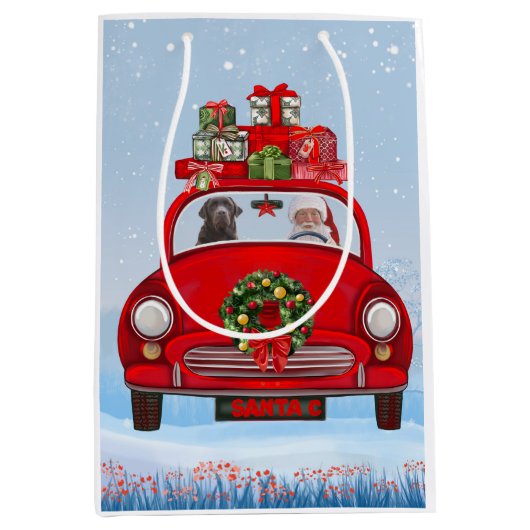 Labrador Dog in auto met kerstman Medium Cadeauzakje (Voorkant)