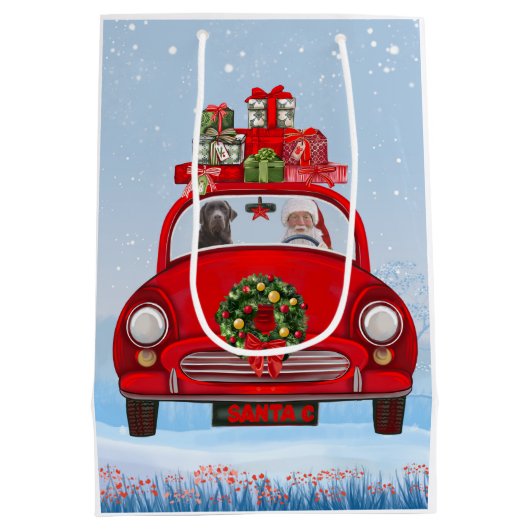 Labrador Dog in auto met kerstman Medium Cadeauzakje (Achterkant)