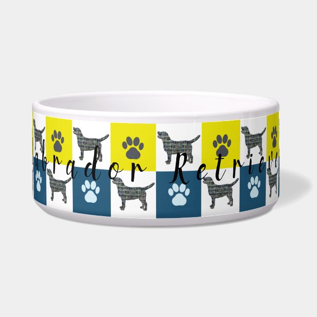 Labrador Dog & Paw Yellow & Blue Grid Dog Bowl Voerbakje (Voorkant)