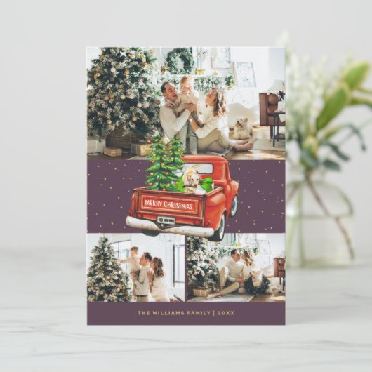Labrador Dog Red Truck Paars met Kerstmis Feestdagenkaart (Staand voorkant)