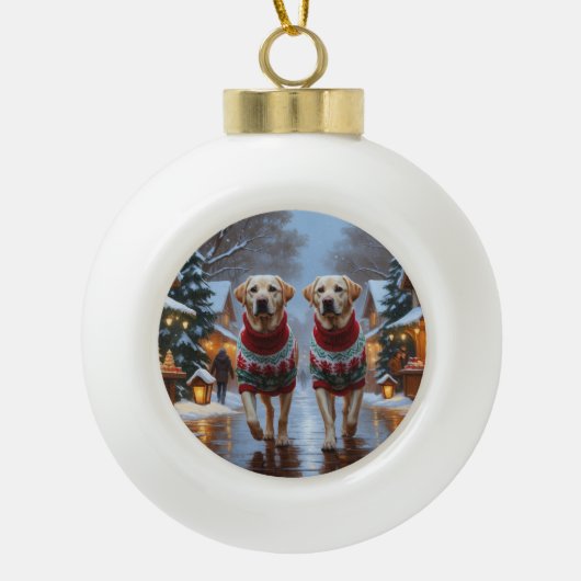 Labrador Dogs Christmas Snow Holiday Keramische Bal Ornament (Voorkant)