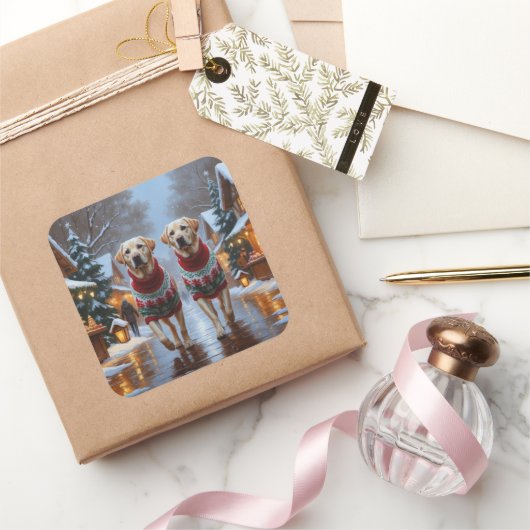 Labrador Dogs Christmas Snow Holiday Vierkante Sticker (Geschenken)