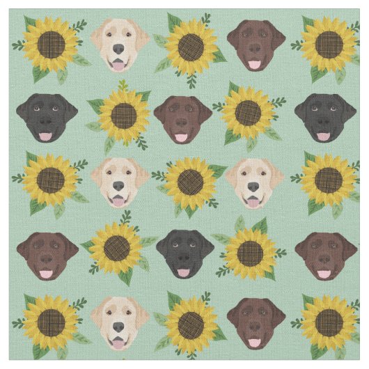 Labrador Faces Sunflower mint Stof (Close Up)