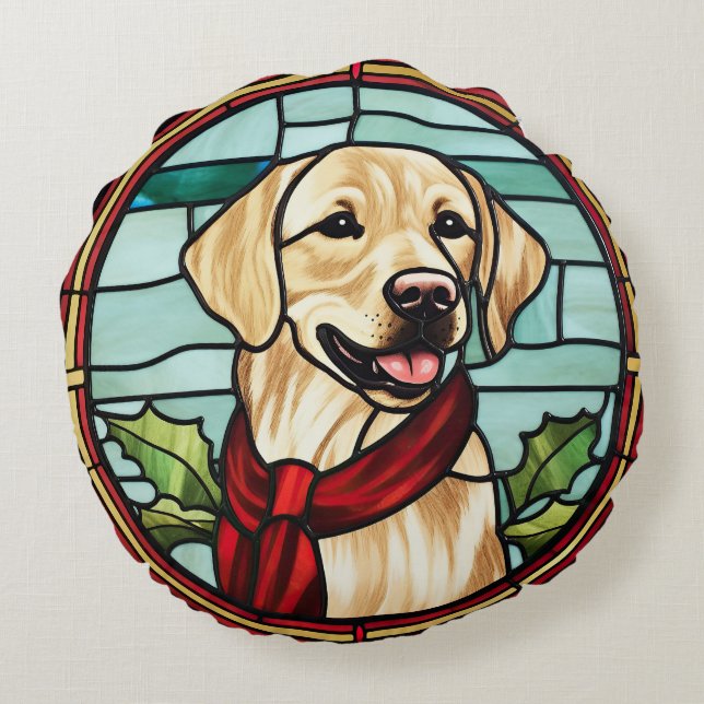 Labrador Gebrandschilderd Glas Kerstmis Rond Kussen (Achterkant)