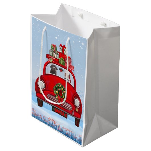 Labrador-hond in auto met kerstman  medium cadeauzakje (Voorkant Gekanteld)