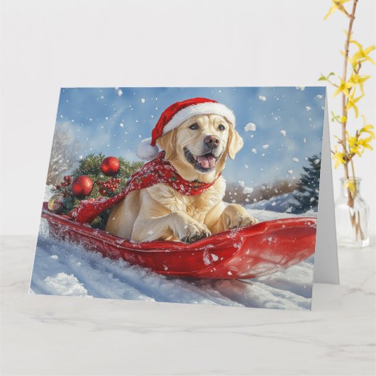 Labrador Hond in Sledge Laat het Sneeuw Kerstmis Kaart (Gele Bloem)