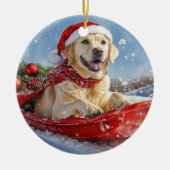 Labrador Hond in Sledge Laat het Sneeuw Kerstmis Keramisch Ornament (Voorkant)