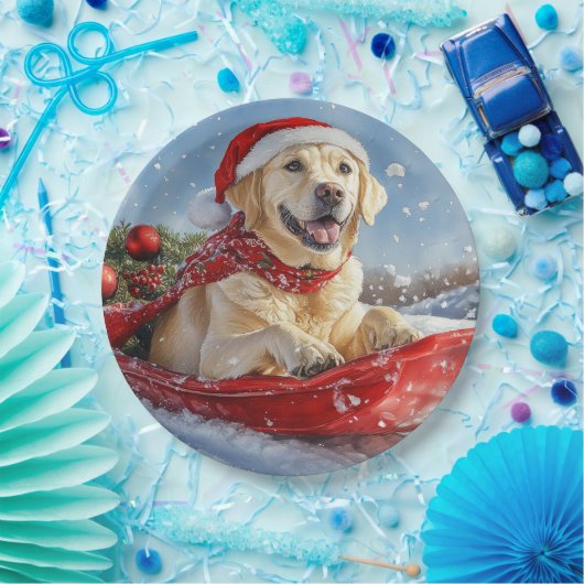 Labrador Hond in Sledge Laat het Sneeuw Kerstmis Papieren Bordje (Feest)