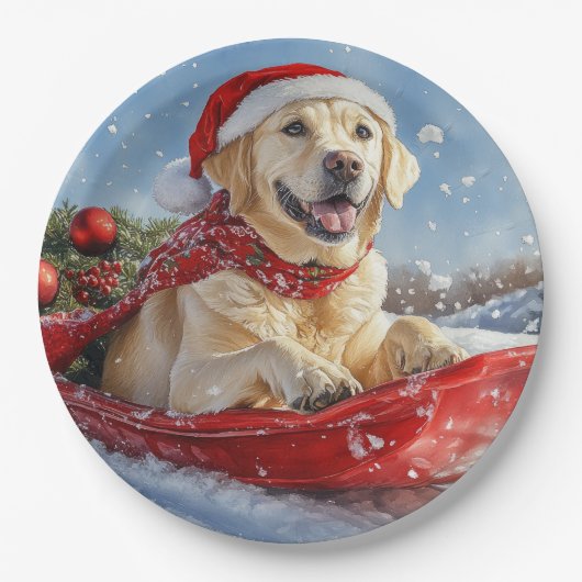 Labrador Hond in Sledge Laat het Sneeuw Kerstmis Papieren Bordje (Voorkant)