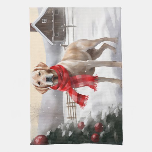 Labrador Hond in Sneeuw Kerstmis Theedoek (Verticaal)