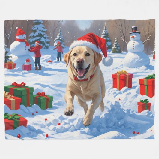 Labrador hond loopt in de sneeuw met kerst Pet Fleece Deken (Voorkant (Horizontaal))