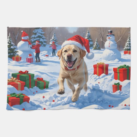 Labrador hond loopt in de sneeuw met kerst Pet Theedoek (Horizontaal)