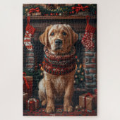 Labrador hond met kerstcadeaus open haard legpuzzel (Verticaal)