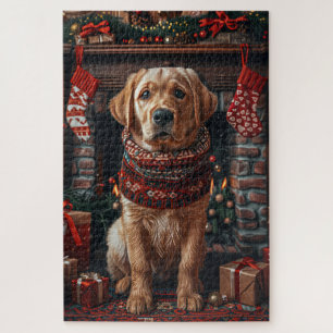 Labrador hond met kerstcadeaus open haard legpuzzel