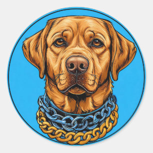 Labrador-hond op een blauwe achtergrond met kettin ronde sticker