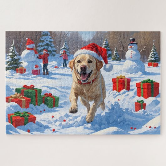 Labrador-hond rent in de sneeuw met kerstmuts legpuzzel (Horizontaal)
