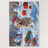 Labrador-hond rent in de sneeuw met kerstmuts legpuzzel (Verticaal)