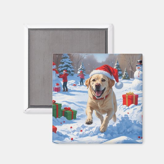 Labrador-hond rent in de sneeuw met kerstmuts magneet (Voorkant / Achterkant)