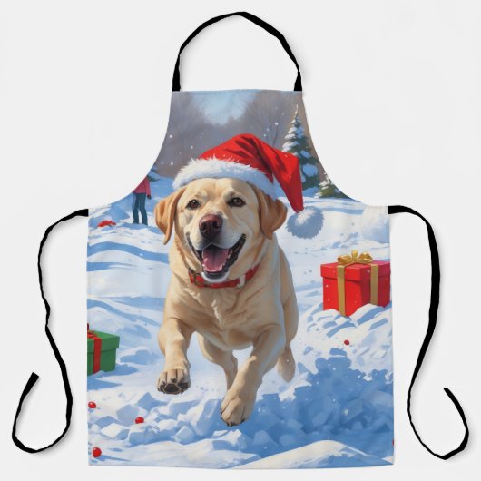 Labrador-hond rent in de sneeuw met kerstmuts schort (Voorkant)