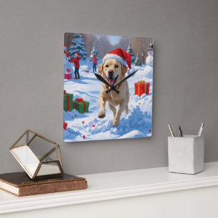 Labrador-hond rent in de sneeuw met kerstmuts vierkante klok