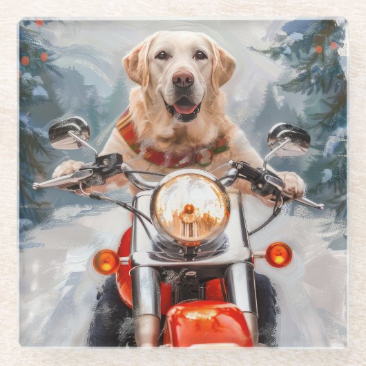 Labrador Hond Rijden Motorfiets Kerstmis Glazen Onderzetter (Voorkant)