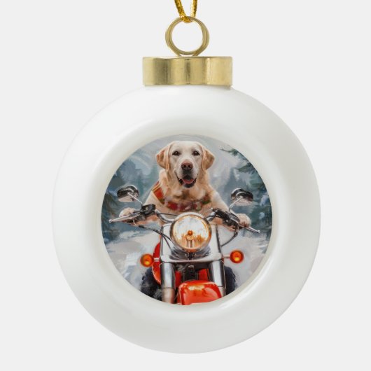 Labrador Hond Rijden Motorfiets Kerstmis Keramische Bal Ornament (Voorkant)