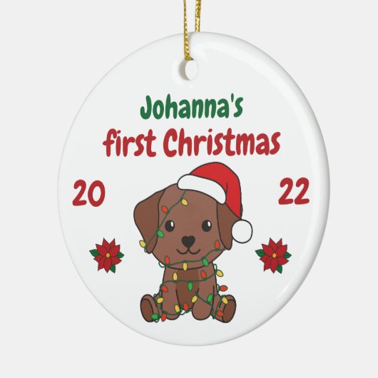 Labrador kerstbaby's, eerste kerstdag keramisch ornament (Links)