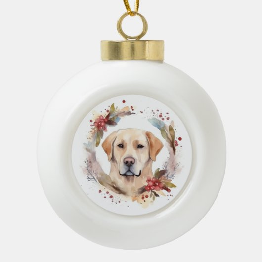 Labrador Kerstkrans Feestelijke Pup Keramische Bal Ornament (Voorkant)