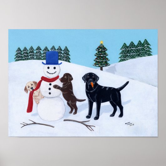 Labrador Kerstmis met Snowman Artwork Poster (Voorkant)