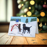 Labrador Kerstmis met Snowman Feestdagen Kaart<br><div class="desc">Labrador Kerstmis met Snowman Holiday Card voor Labrador Fans. Drie Labrador-honden spelen met hun sneeuwpop in het witte sneeuwveld. Typische kerstfeestelijke seizoensscène. Whimsical Labrador Retriever schilderij geschilderd door Naomi Ochiai uit Japan. Gele labrador en chocolade Labrador en zwarte labrador zijn allemaal in het afbeelding geschilderd.</div>