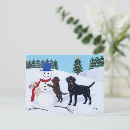 Labrador Kerstmis met Snowman Feestdagenkaart (Staand voorkant)
