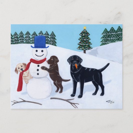 Labrador Kerstmis met Snowman Feestdagenkaart (Voorkant)