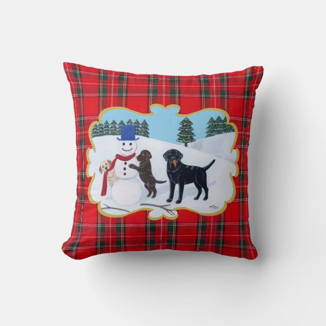 Labrador Kerstmis met Snowman Kussen (Voorkant)