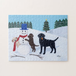 Labrador Kerstmis met Snowman Legpuzzel