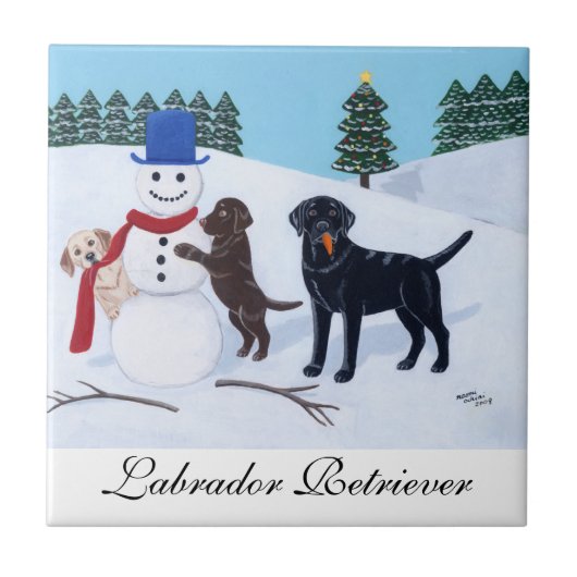 Labrador Kerstmis met Snowman Painting Tegeltje (Voorkant)