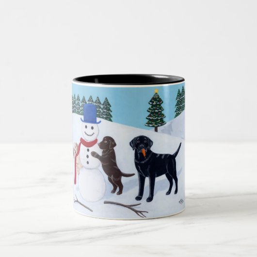 Labrador Kerstmis met Snowman Tweekleurige Koffiemok (Center)