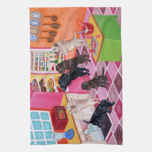 Labrador Kitchen Party Painting Theedoek (Verticaal)